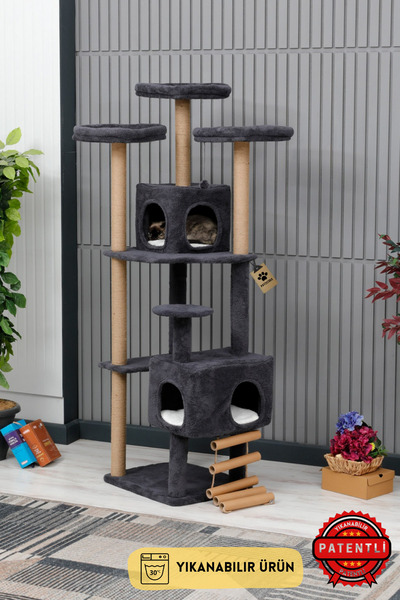 PATİSTORE Çok Katlı Yıkanabilir Kedi Tırmalama Ve Oyun Evi - Tokyo Antrasit