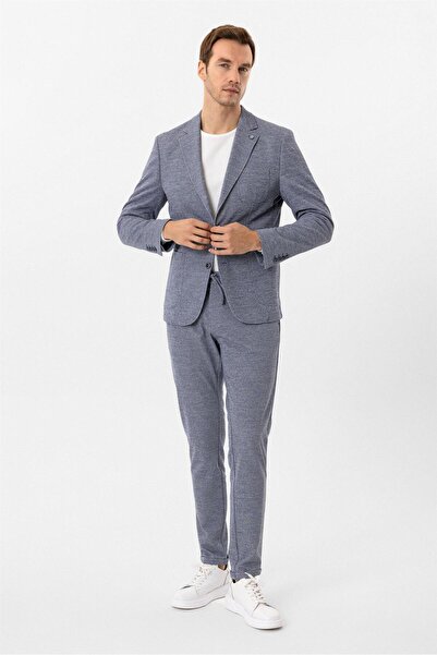 SÜVARİ Parlament Mavi Slim Fit Desenli Mono Yaka 6 Drop Spor Takım Elbise