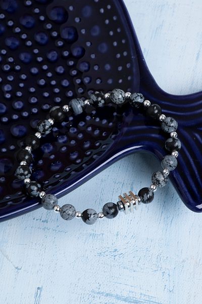 Deniz Doğal Taş Certified Obsidian and Hematite Natural Stone Bracelet