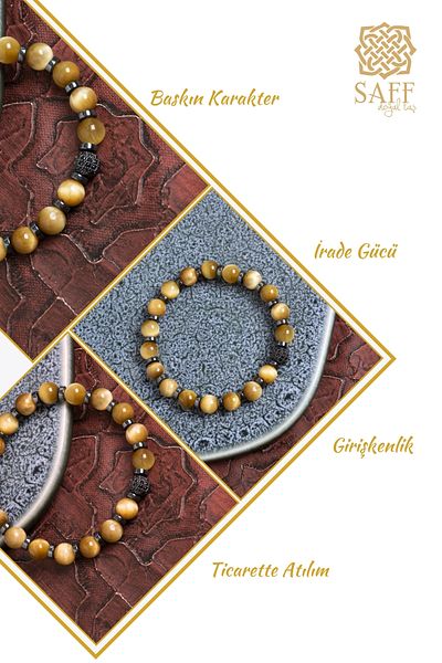 Saff Doğal Taş Certified Yellow Tiger Eye and Hematite Stone Bracelet