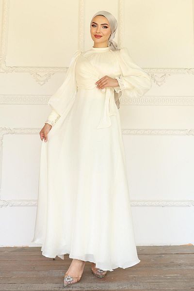 Olcay Side Tie Cuff Detail Yoryo Silk Hijab Evening Dress Ecru 1241