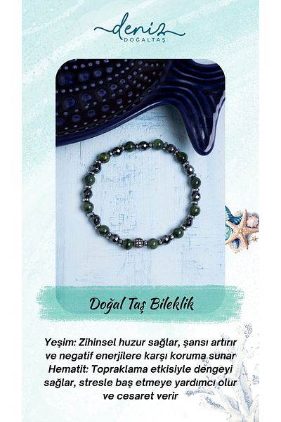 Deniz Doğal Taş Certified Jade and Hematite Natural Stone Bracelet