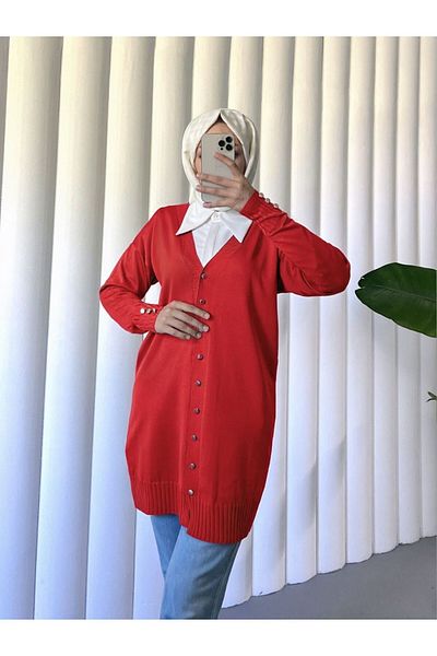 Modamorfo V-Neck Buttoned Front Knitwear Cardigan -Red