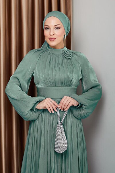 Olcay Flower Detailed Pleated Yoryo Silk Hijab Evening Dress Water Green 1240