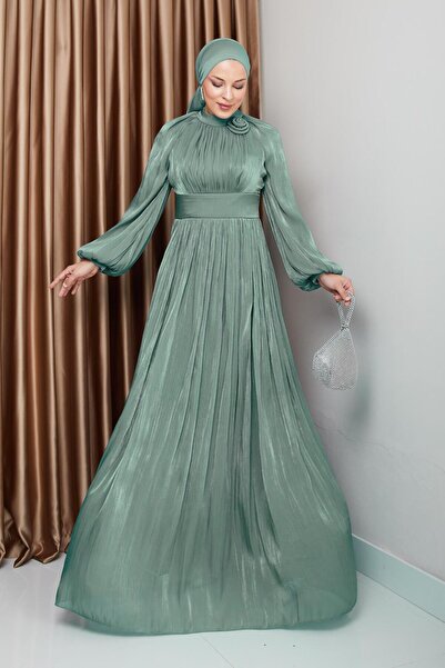 Olcay Flower Detailed Pleated Yoryo Silk Hijab Evening Dress Water Green 1240