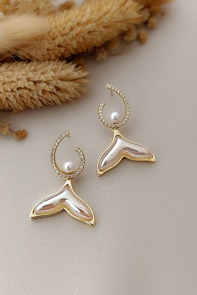 COSİTA Gold Color Earrings with Mermaid Tail and Pearl Detail Zircon Stone