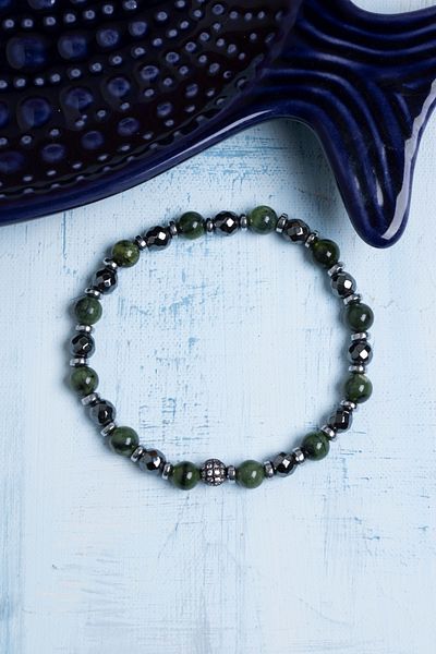 Deniz Doğal Taş Certified Jade and Hematite Natural Stone Bracelet