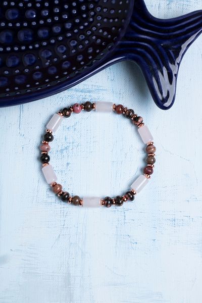 Deniz Doğal Taş Certified Pink Quartz and Rhodonite Stone Bracelet