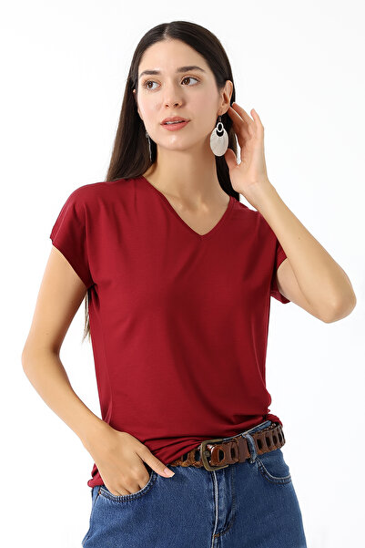 Devinka Γυναικείο μπλουζάκι μπορντό με V λαιμόκοψη