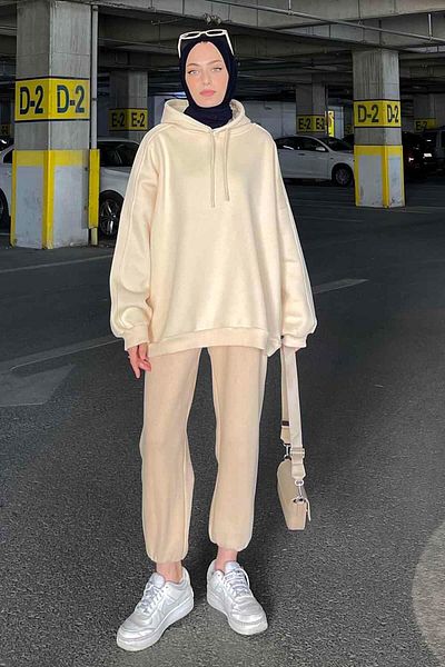 lamelif Κρέμα φούτερ με κουκούλα Oversize με πλαϊνές τσέπες