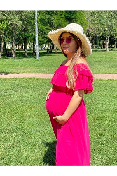 MACFLY Kadın Pembe Carmen Yaka Fırfır Hamile Elbise