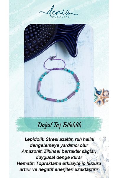 Deniz Doğal Taş Certified Lepidolite Amazonite and Hematite Bracelet