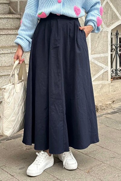 lamelif Fusta de in evazată bleumarin - Detaliată cu buzunar