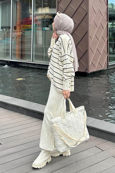 lamelif Striped Knitwear Hijab Suit Ecru