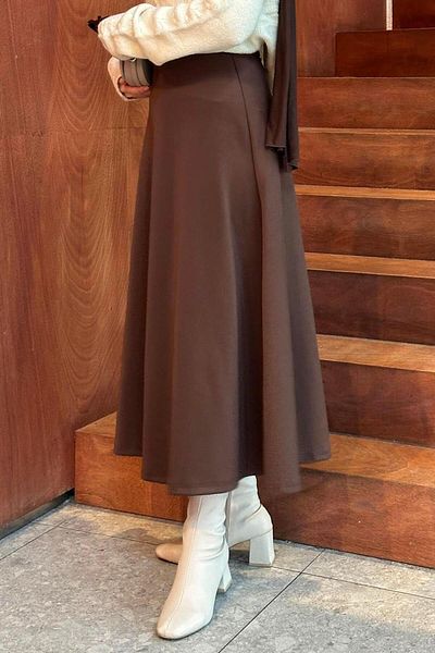 lamelif Scuba Fabric Flared Φούστα Καφέ