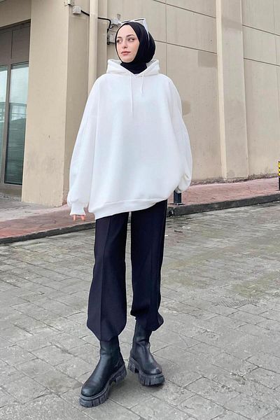 lamelif Φούτερ με κουκούλα Oversize με πλαϊνές τσέπες Λευκό