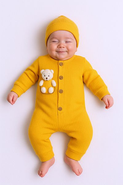 HÇM Baby Jumpsuit with Hat Gift Buttoned Teddy Bear Detail C32