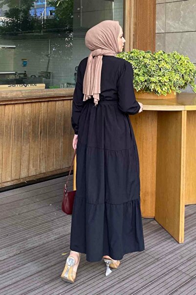 lamelif Μαύρο φόρεμα Terikoton - Λεπτομέρεια με μισό κουμπί