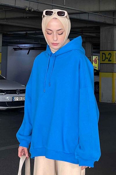 lamelif Saks Blue Oversize Hooded Sweat - Πλαϊνή τσέπη