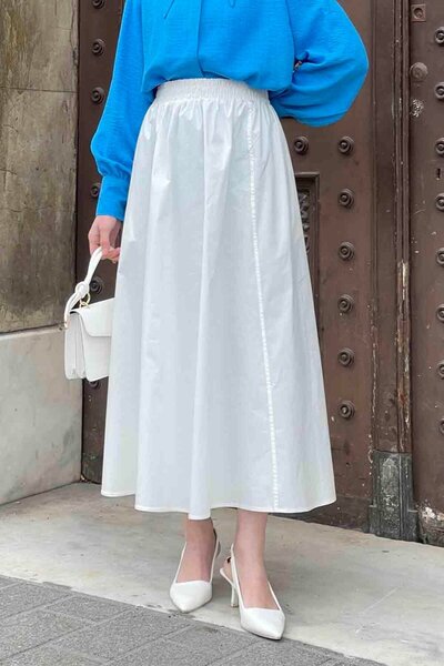 lamelif Fusta albă de in evazată - Detaliată cu buzunar