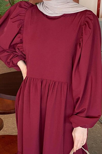 lamelif Καλοκαιρινό φόρεμα με μπαλόνι μανίκι μπορντό