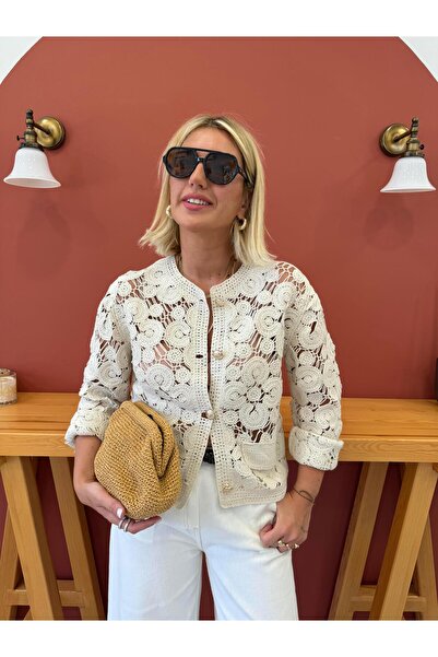 begum mayda Gold Düğmeli , Bej Dantel Hırka