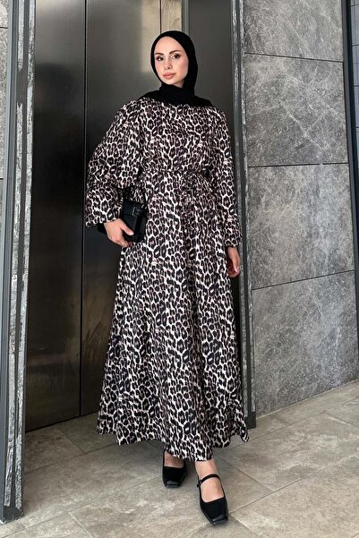 lamelif فستان بني من الساتان - نمط الفهد ومريح