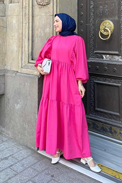 lamelif Fuchsia Summer Dress - Balloon Sleeve and Floor Detail