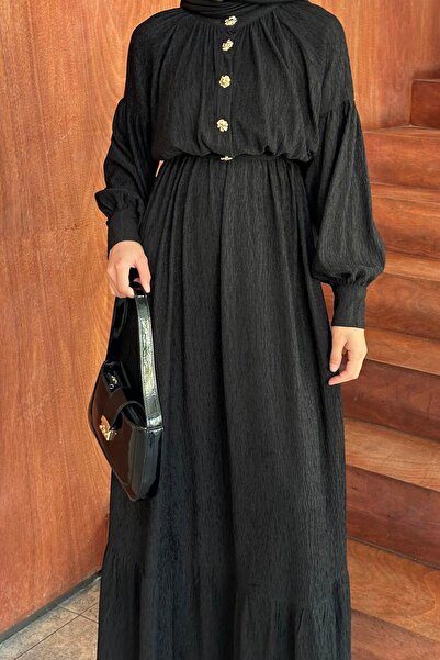 lamelif Black Crinkle Dress - Gold Button Detail