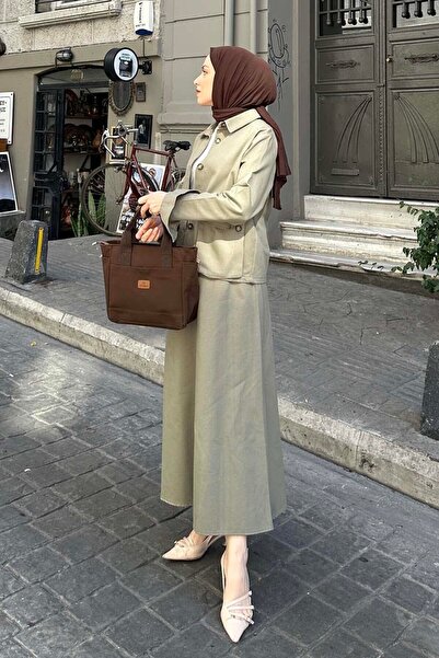 lamelif Σετ Τζιν Φορέματος Χακί με Λεπτομέρεια Τσέπης