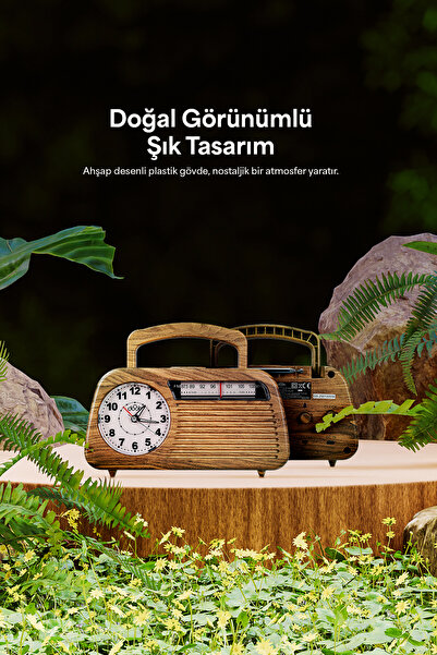 Doob Audio Çalar Saatli Analog Kadranlı Ahşap Taşınabilir Radyo DB-1952 Woody