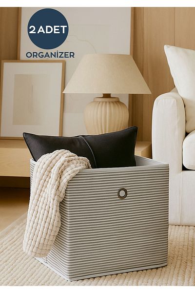 HOMİNG Homing 2 Pieces Fabric Gray Striped Shelf Organizer Basket Organizer 30X30X30Cm