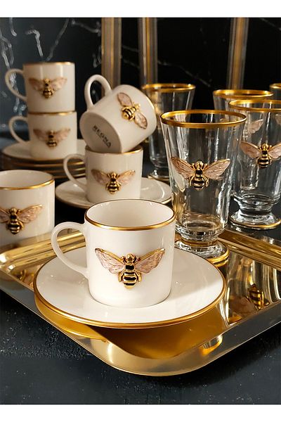 REGNA HOME Fine Living طقم فناجين قهوة من البورسلين مكون من 18 قطعة من Regna Home Queen Bee تتسع لـ 6 أشخاص مع كؤوس مذهبة