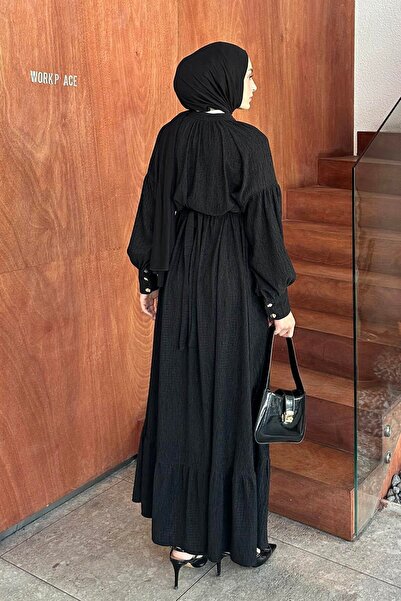 lamelif Black Crinkle Dress - Gold Button Detail