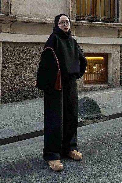 lamelif Φούτερ με κουκούλα Oversize με πλαϊνές τσέπες μαύρο