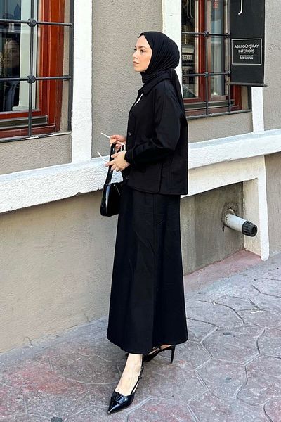 lamelif Σετ Hijab Διπλή Φούστα με Λεπτομέρεια Τσέπης Μαύρο