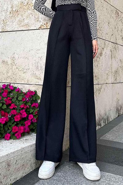lamelif Μαύρο Palazzo Model Waist Velcro Παντελόνι