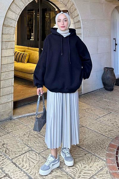 lamelif Navy Blue Oversize Sweat - Με κουκούλα και πλαϊνές τσέπες
