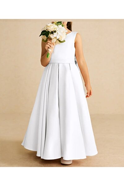 NSMLİFE Kız Çocuk A-Line Pileli Sade Saten Uzun Elbise Mezuniyet Doğum Günü Balo Elbise