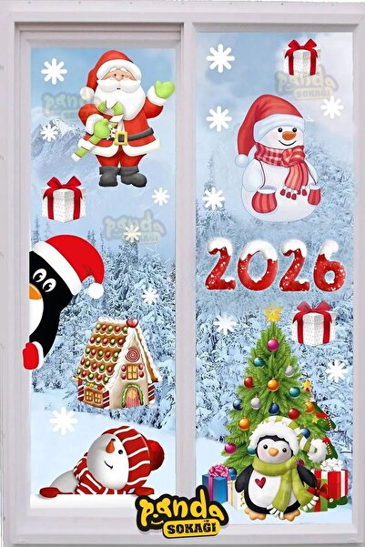 PANDA SOKAĞI New Year Sticker 2026 Figures Santa Claus and Deer and Snowflake Window Wall