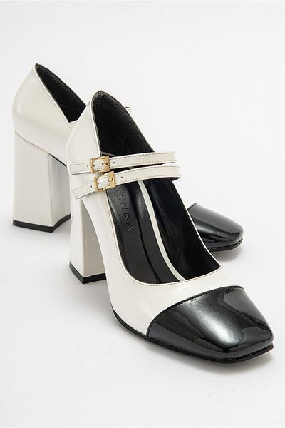 Niloshka ANTE White Patent Leather Thick Heeled Buckle Women's Shoes