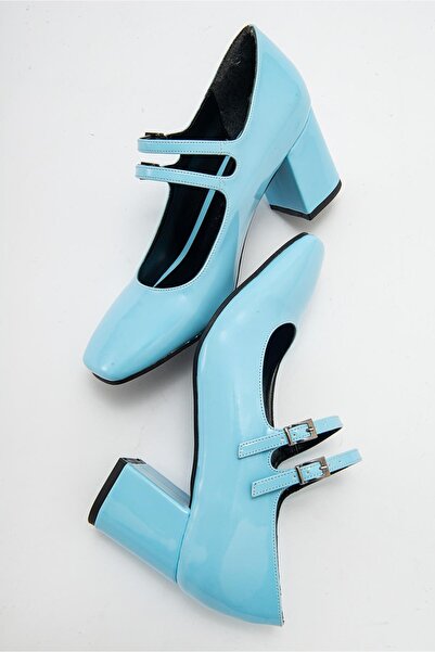 Niloshka Roya Bebe Mavi Rugan Çift Tokalı Topuklu Kadın Ayakkabı