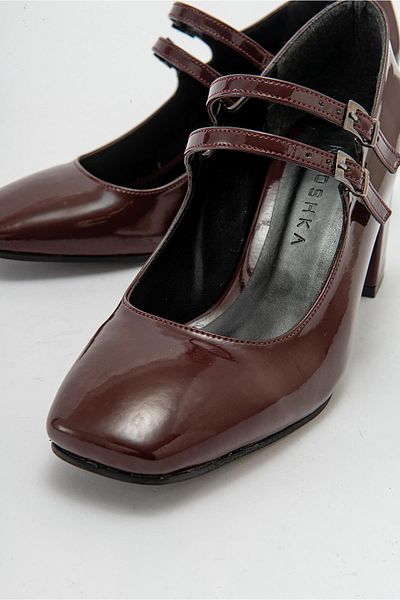 Niloshka Roya Burgundy Patent Leather Double Buckle Heeled Women's Shoes