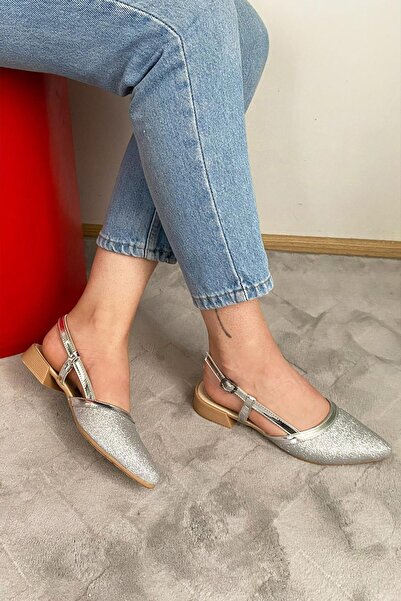 Preshley Women's Tena Silver Glitter Open Back Pointed Toe Daily Ballerinas