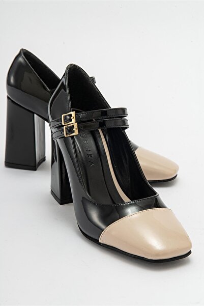 Niloshka ANTE Pantofi de damă din piele lacuită neagră cu cataramă cu toc gros