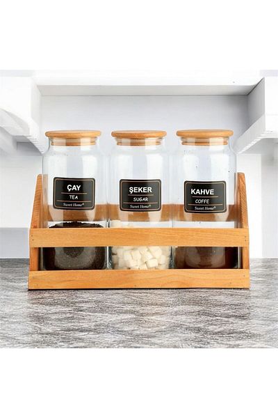 Consensus Home 3Pcs 1300ml Tea Coffee Sugar Jar with Bamboo Lid, with New Stand and Label