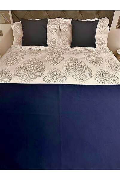 Becenhouse Bed Runner Set Double Navy Blue for Home and Hotels 1 Runner 2 Cushion