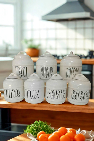 Woodcept. 7'li Seramik Kavanoz Seti, Sugar Tea Coffee 1400 ML, Tuz Biber Keki...