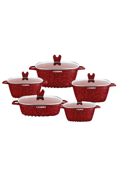 Generic Stargold 10-piece Marble Nonstick Cookware Set – Stylish Red Pots With Glass Lids For All Stovetops