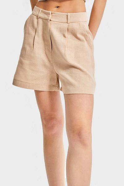 its basic Women's Beige Color S5-57 Relaxed Cut Midi Front Pleated Mom Fit Linen Fabric Shorts